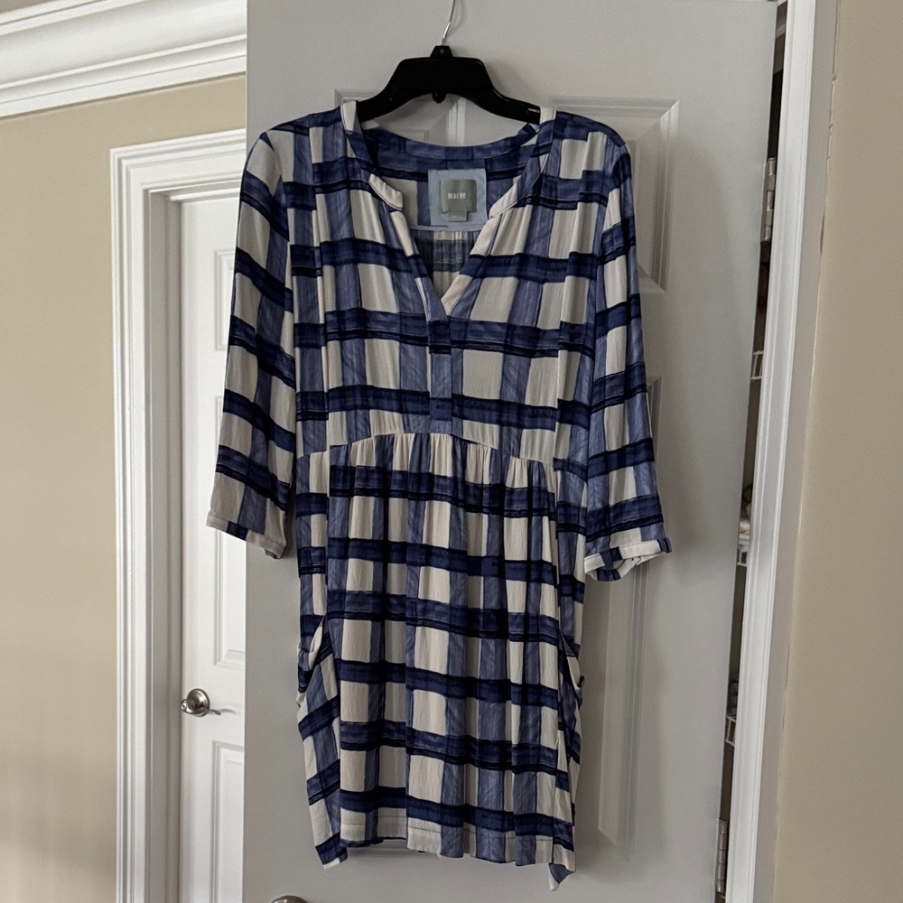 Anthropologie Navy and Cream Plaid Mini Dress